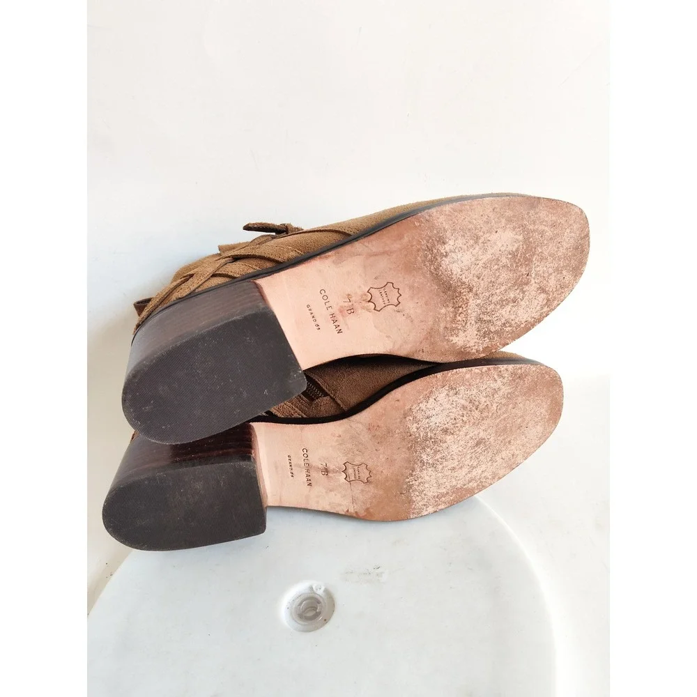 Cole Haan Ankle‎ Boots Size 7.5 Camel Tan Suede Leather Sole Belted Preppy Chic